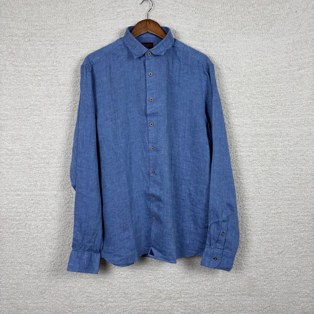 Untuckit Shirt Mens XL Blue Ravines 100% Linen Regular Fit Preppy‎ Button Down